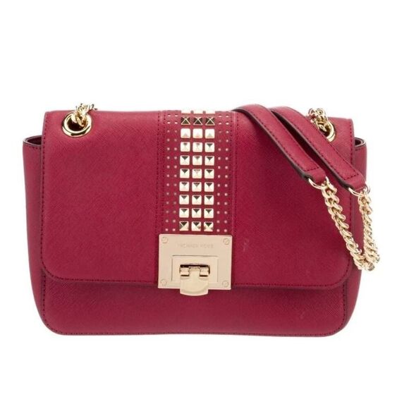 NWT~MICHAEL KORS TINA Red Small Leather Gold Studded Shoulder Bag Purse~$328 - Picture 1 of 12